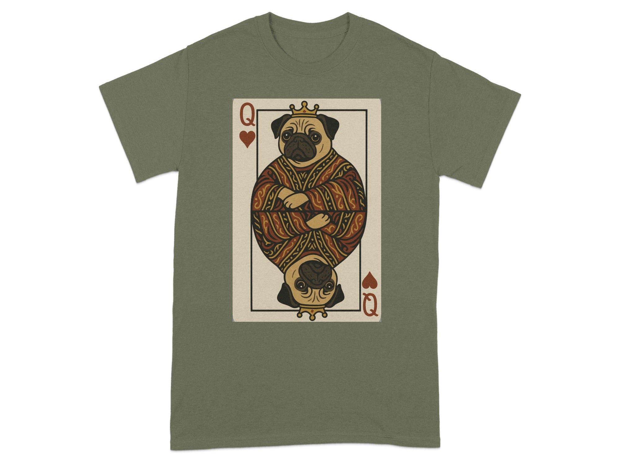 Queen of hearts playing card stylized with a crowned pug, repeated upside down.