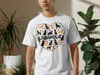White t-shirt with a heart-shaped arrangement of various Labrador Retriever illustrations.