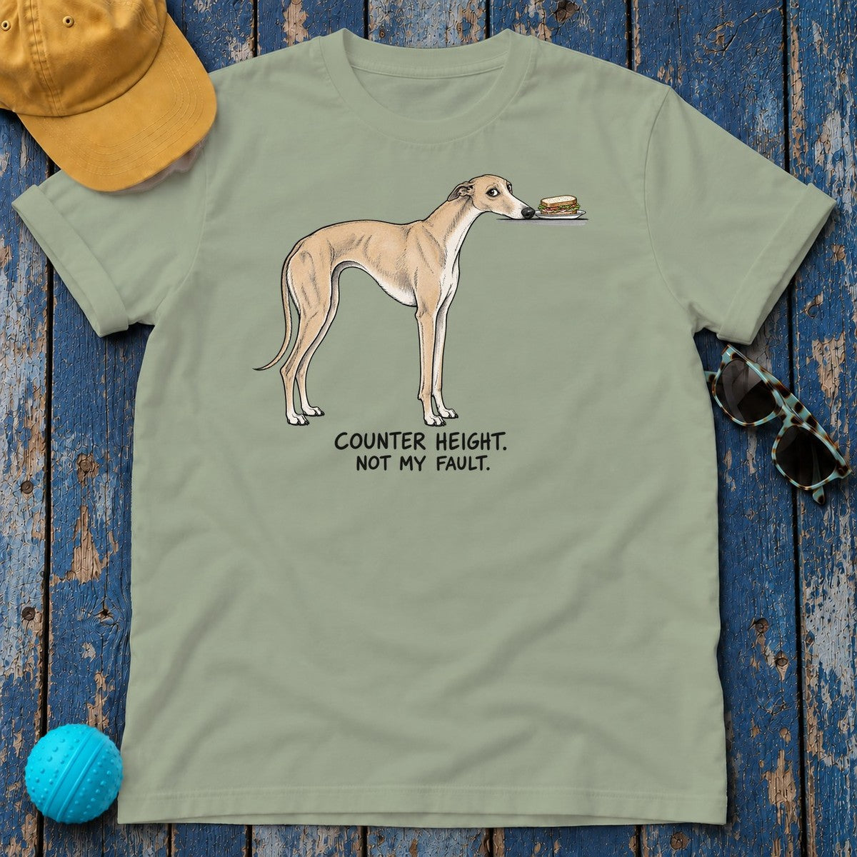 Counter Height Not My Fault Greyhound T-Shirt in Sage - flat lay