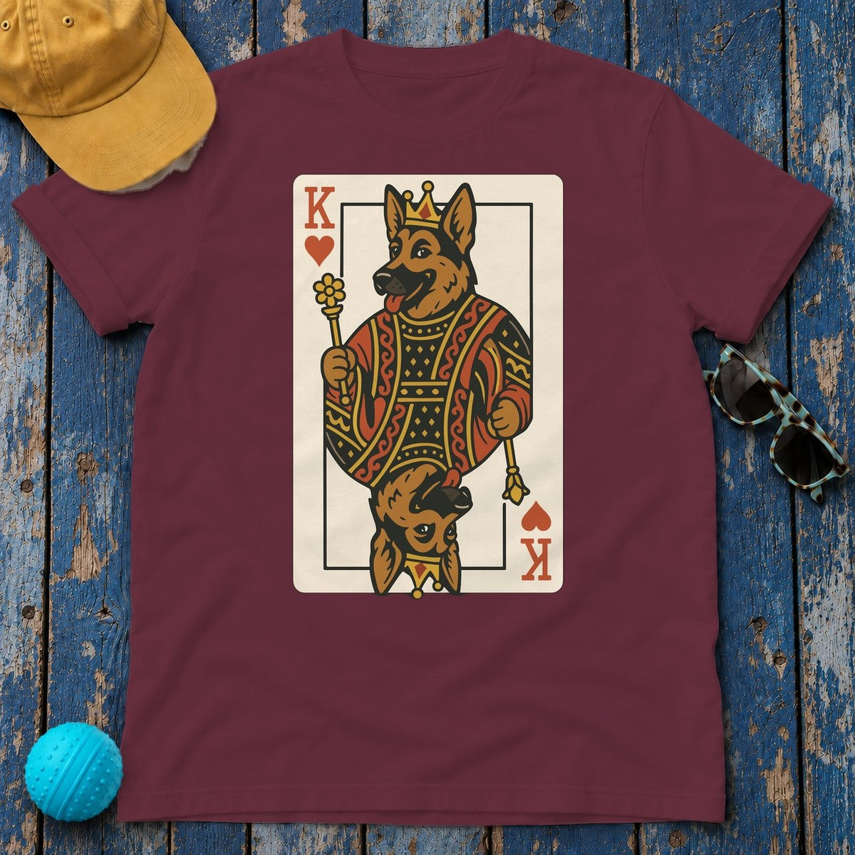 King German Shepherd Playing Card Game Design T-Shirt in Maroon