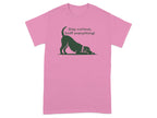 Pink t-shirt with a dog graphic and the text "Stay curious, Sniff everything!".
