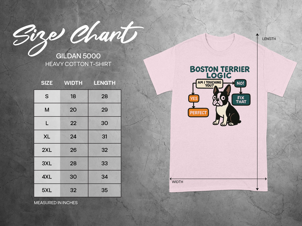 Gildan 5000 size chart for heavy cotton t-shirts, featuring Boston Terrier logic graphic.