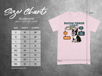 Gildan 5000 size chart for heavy cotton t-shirts, featuring Boston Terrier logic graphic.