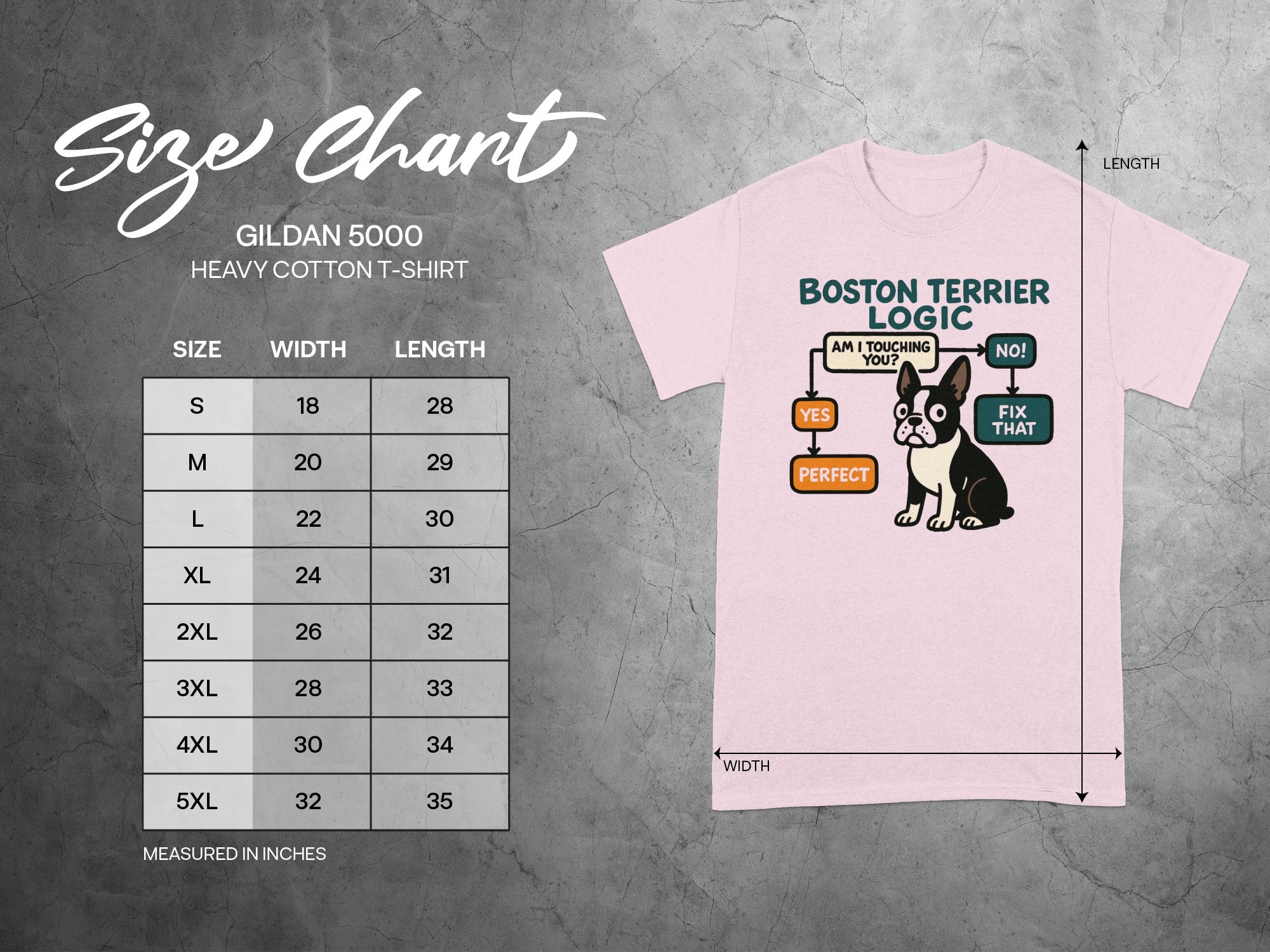 Gildan 5000 size chart for heavy cotton t-shirts, featuring Boston Terrier logic graphic.