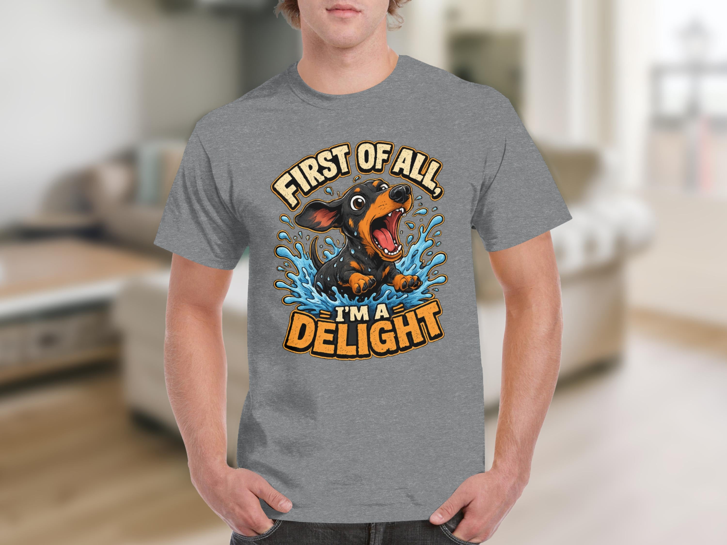 Dachshund jumping out of water with text "First of all, I'm a delight!".
