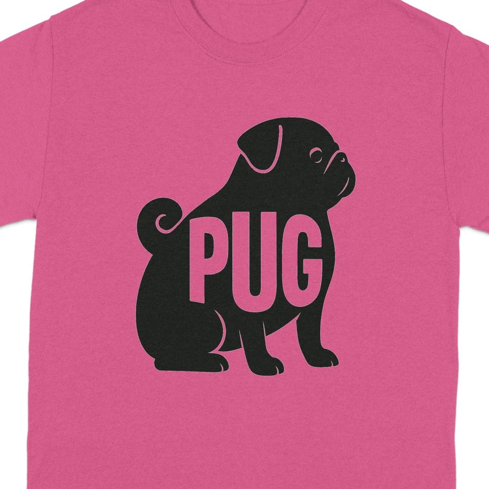 Pink t-shirt with a black pug silhouette and the word "PUG".