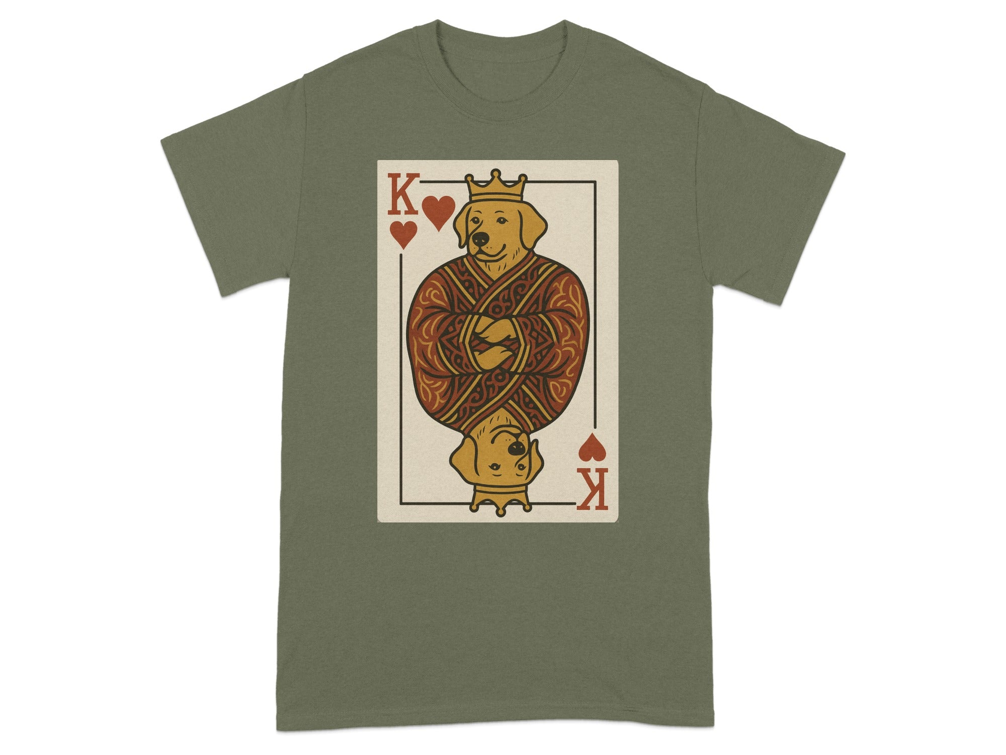 King of Hearts playing card with a dog wearing a crown, on a green t-shirt.