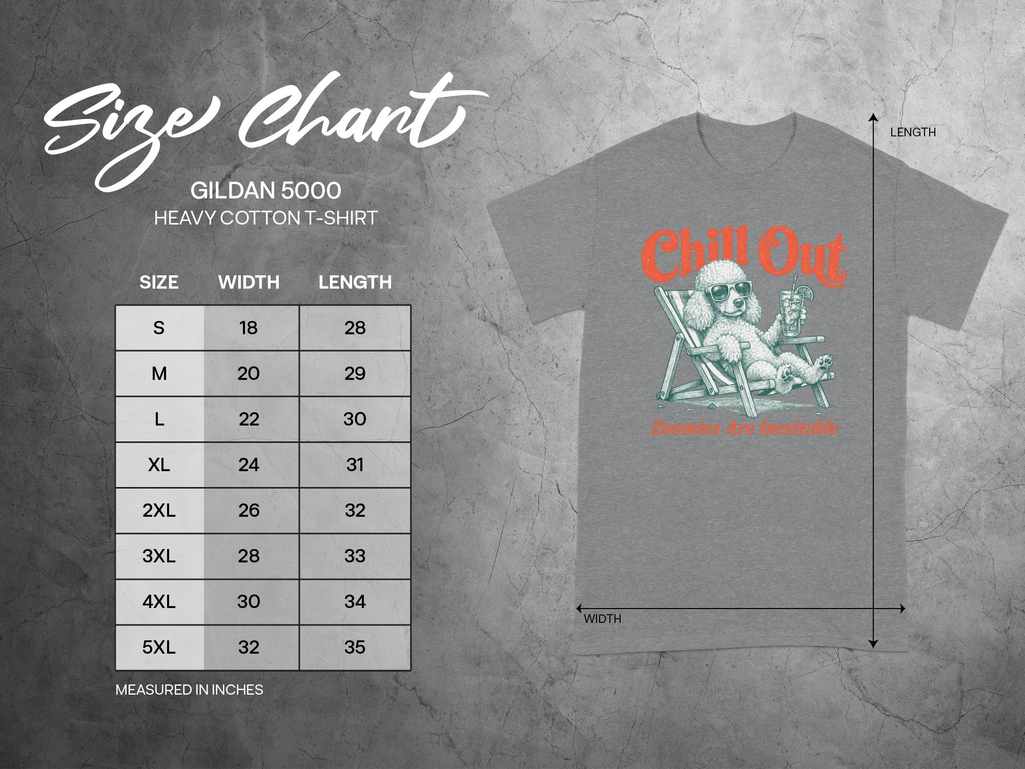 Gildan 5000 Heavy Cotton t-shirt size chart with measurements for width and length.