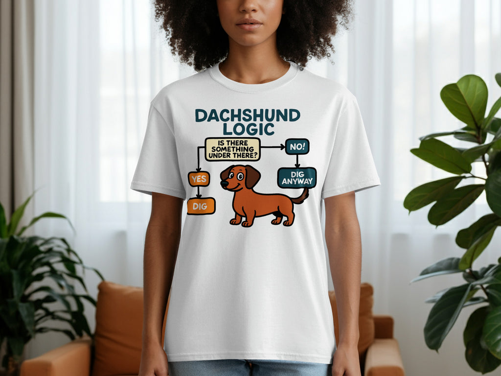 White t-shirt with Dachshund Logic flowchart featuring a dachshund illustration.
