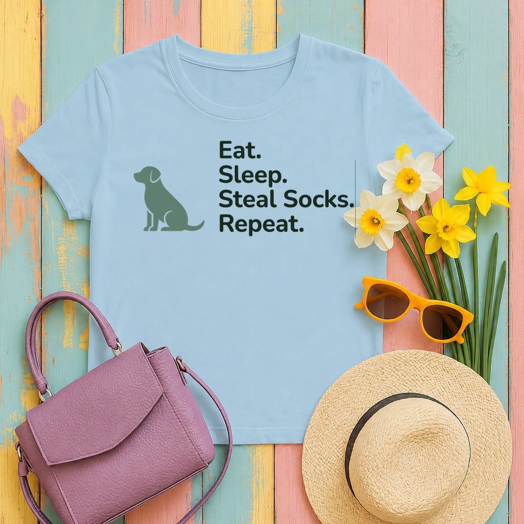 Eat Sleep Steal Socks Dog Lover T-Shirt in Light Blue