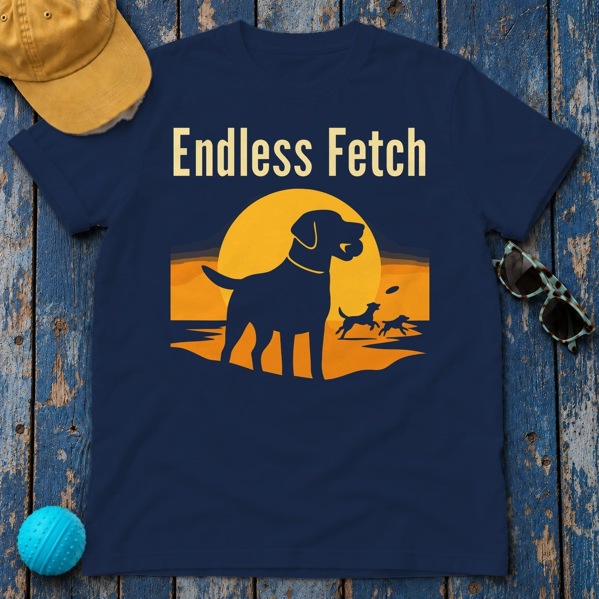 Endless Fetch with Labs Sunset Scene Graphic Design T-Shirt in Navy