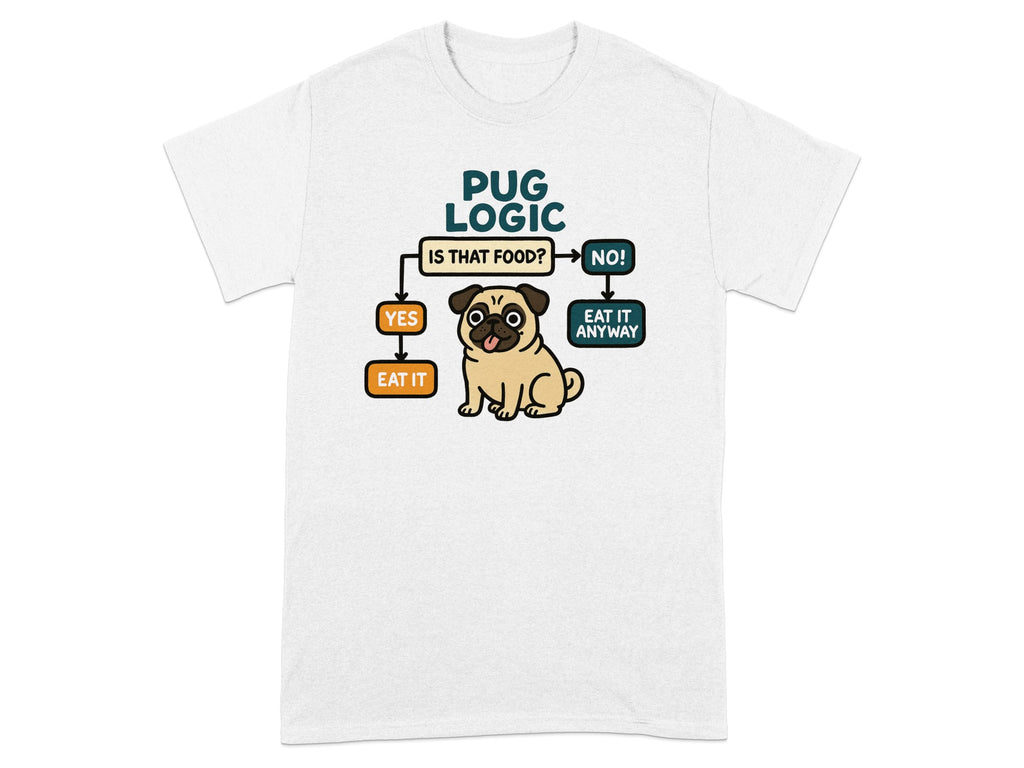 White t-shirt with a pug logic flowchart.
