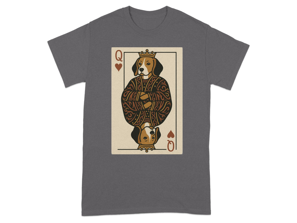 Queen of hearts playing card featuring a dog wearing a crown and robe.
