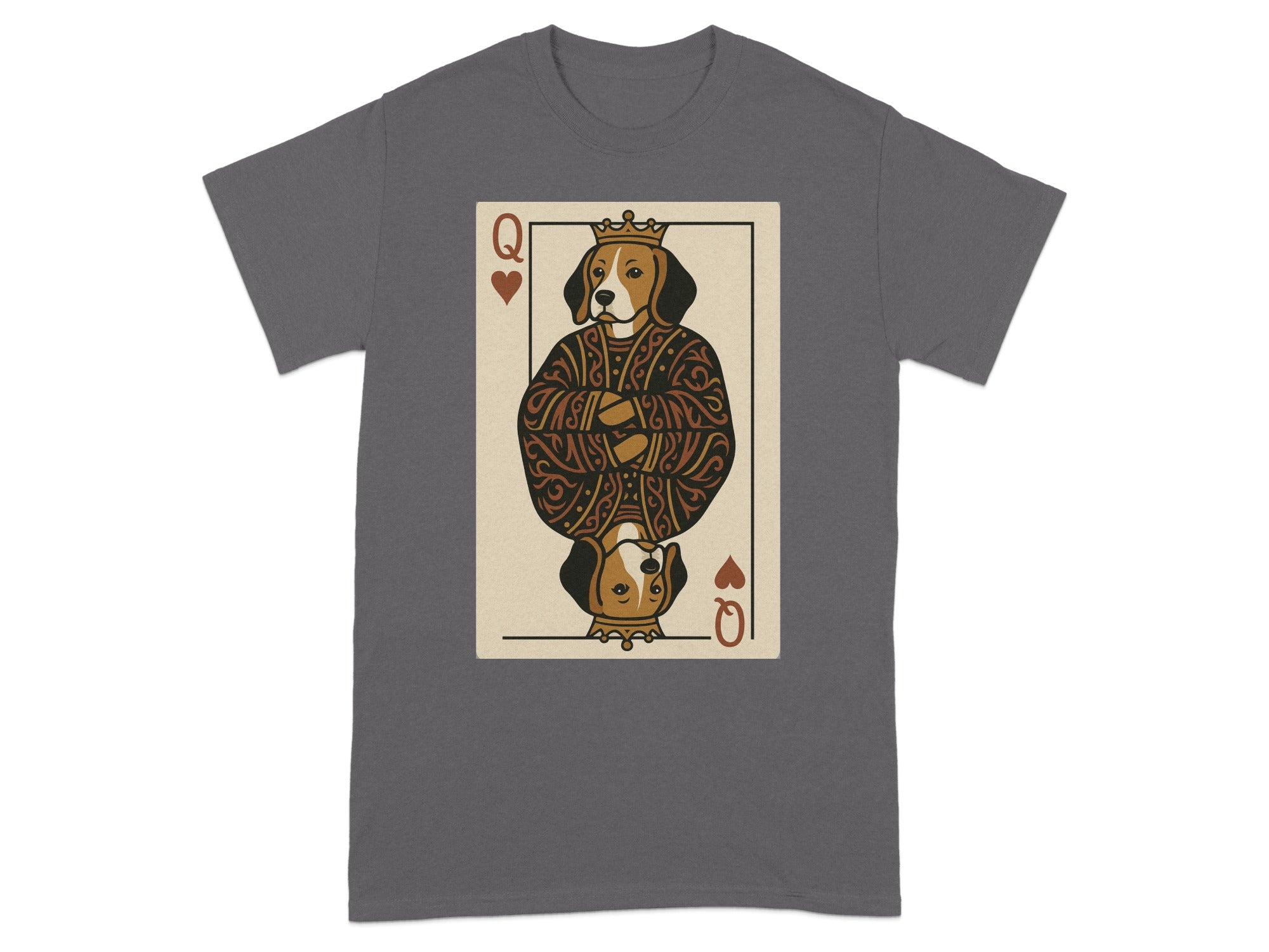 Queen of hearts playing card featuring a dog wearing a crown and robe.