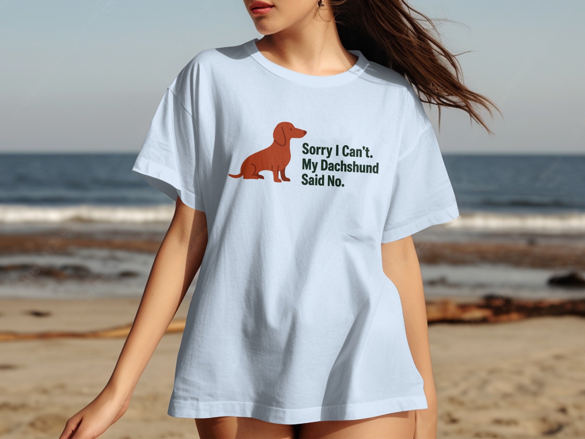 Light blue t-shirt with a dachshund graphic and "Sorry I Can't. My Dachshund Said No." text.