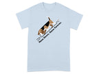 Light blue t-shirt with Beagle dog running downhill, text "Nose Down. Gone Forever."