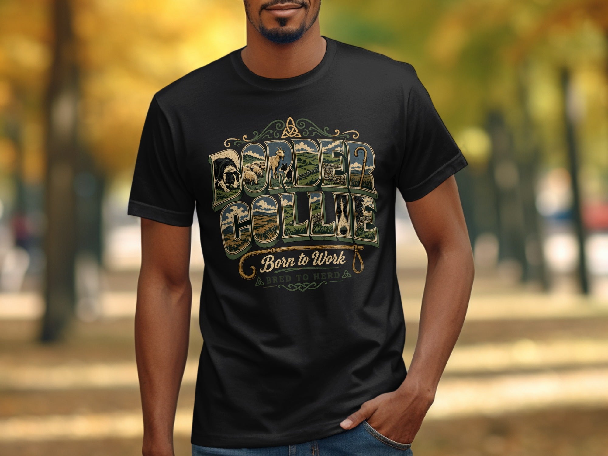 Black t-shirt with "BORDER COLLIE BORN TO WORK BRED TO HERD" text and graphic.