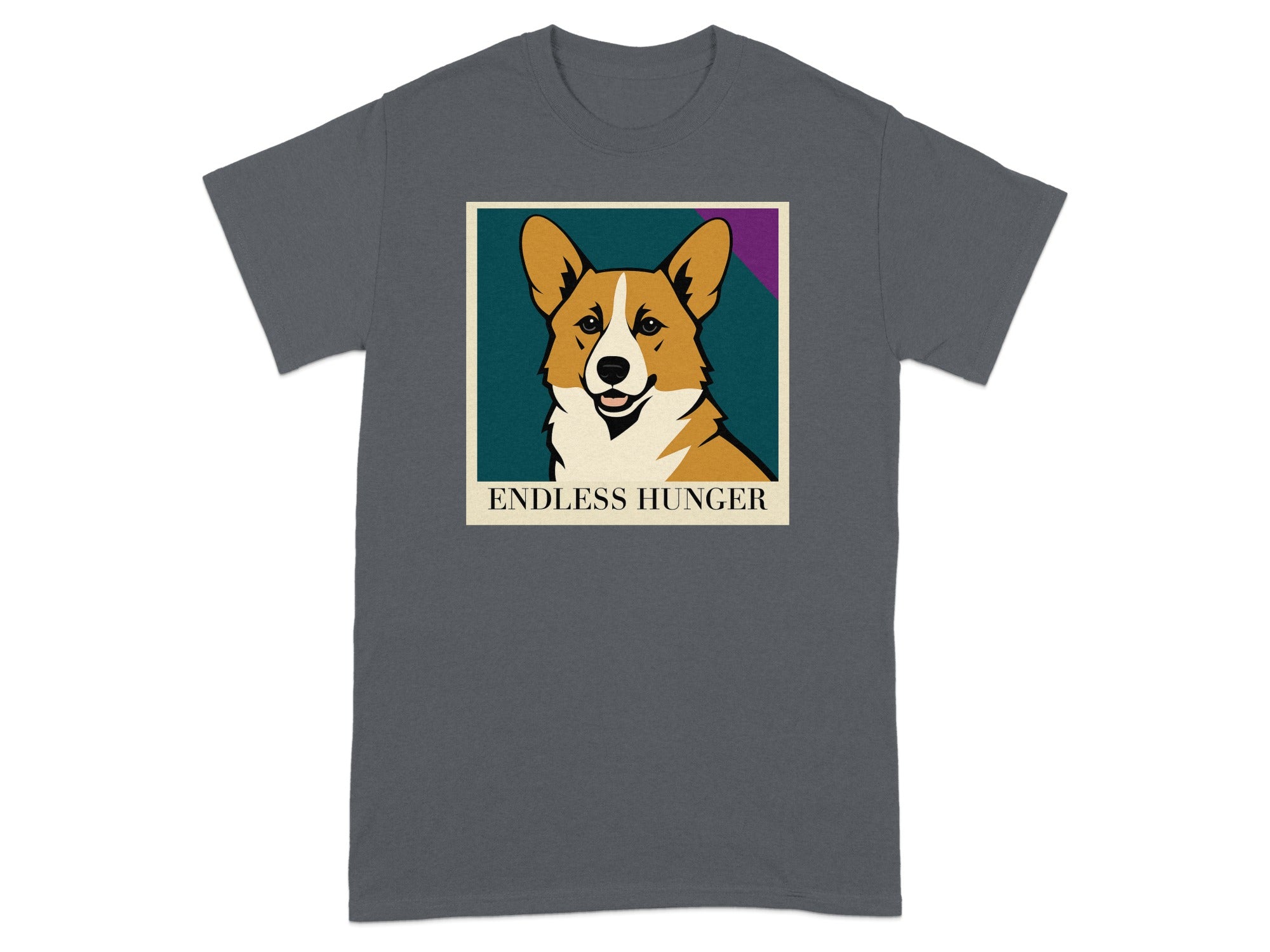 Dark grey t-shirt with a Corgi portrait and text "ENDLESS HUNGER".