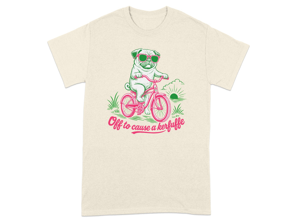 Pug wearing sunglasses rides a pink bicycle with the text "Off to cause a kerfuffle".
