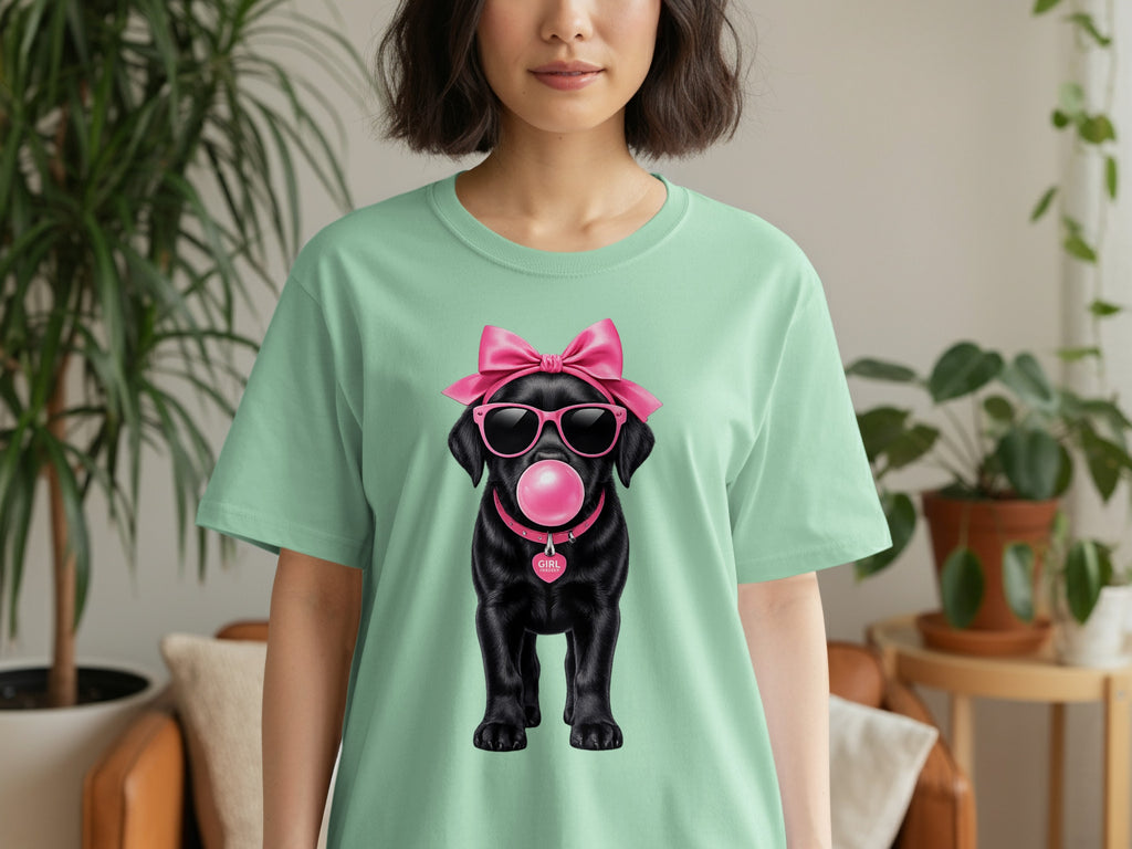 T-shirt with black dog wearing sunglasses, pink bow, and blowing pink bubblegum.