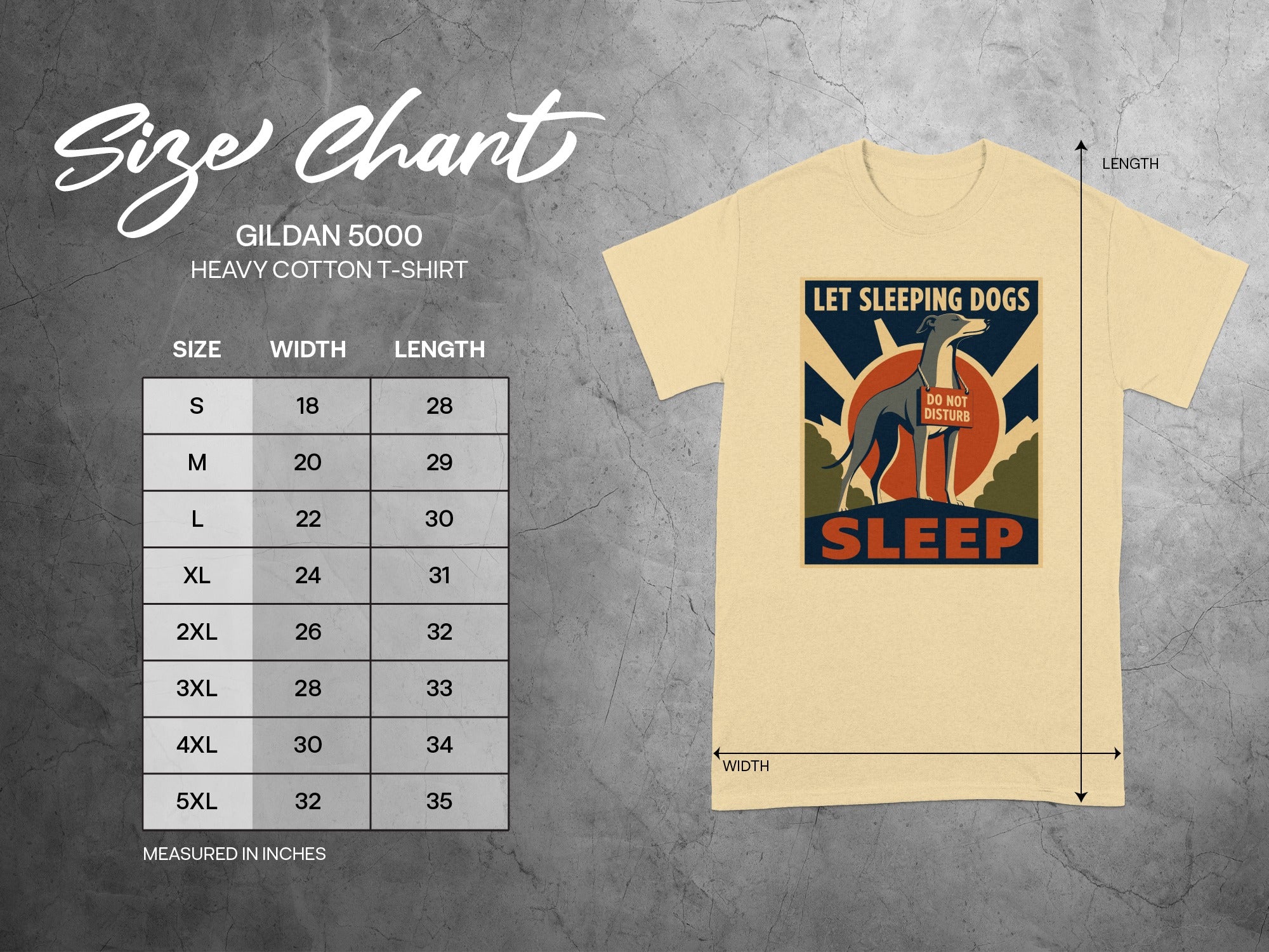 Gildan 5000 t-shirt size chart with graphic of sleeping dog.