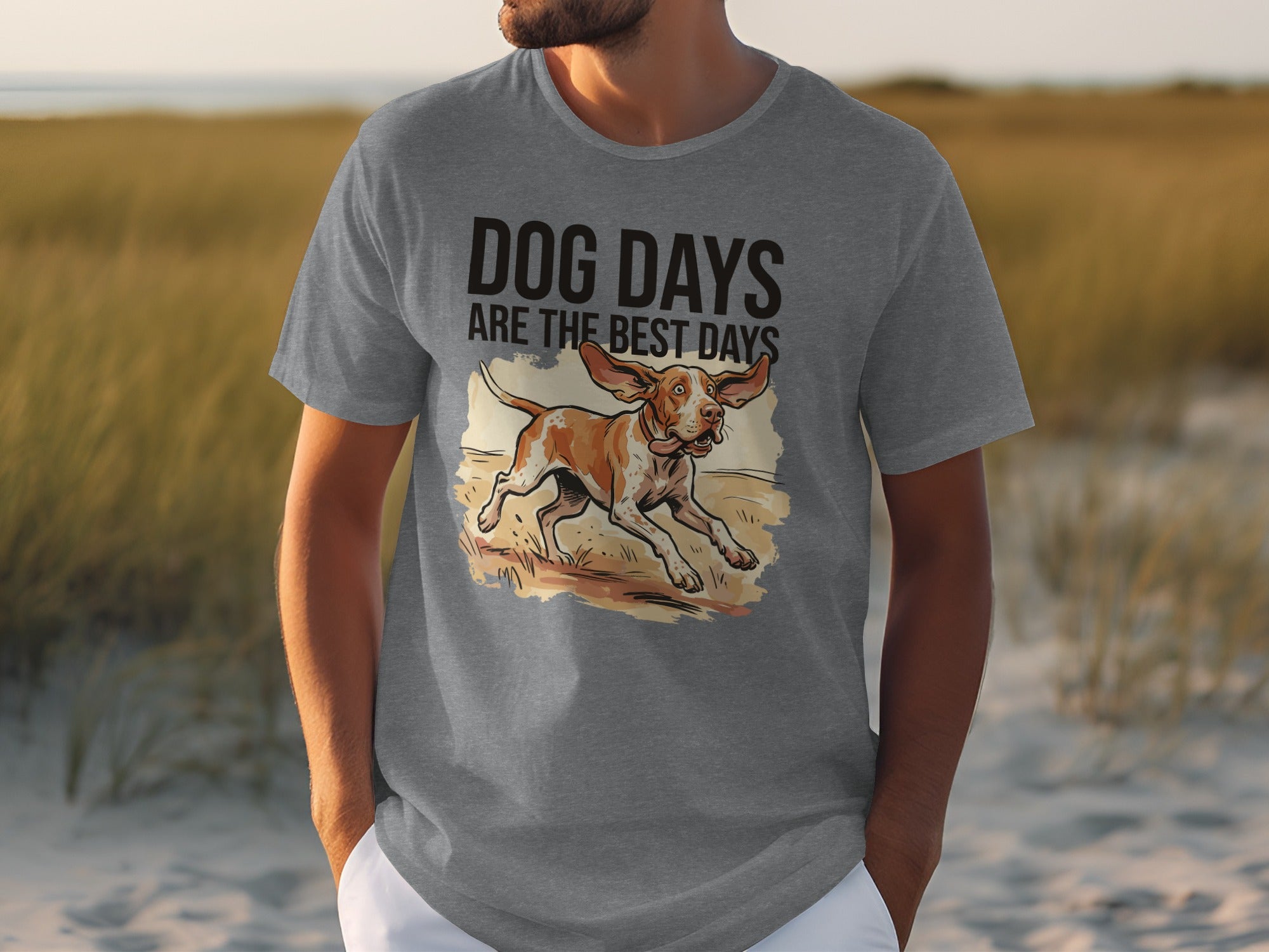Grey t-shirt with dog graphic and text "DOG DAYS ARE THE BEST DAYS".