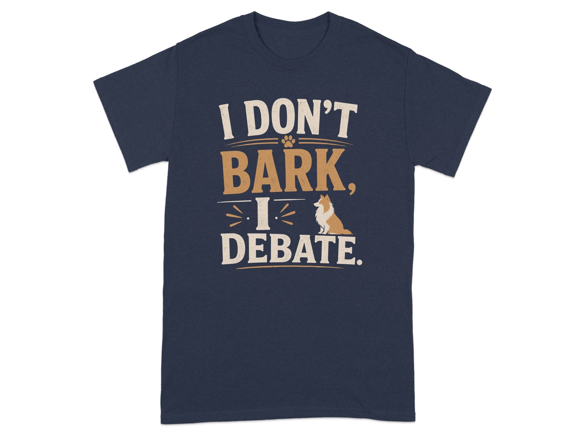 Navy t-shirt with "I Don't Bark. I Debate." text and dog silhouette.