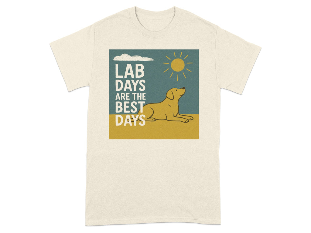 T-shirt with yellow lab, sun, clouds, and text "LAB DAYS ARE THE BEST DAYS".