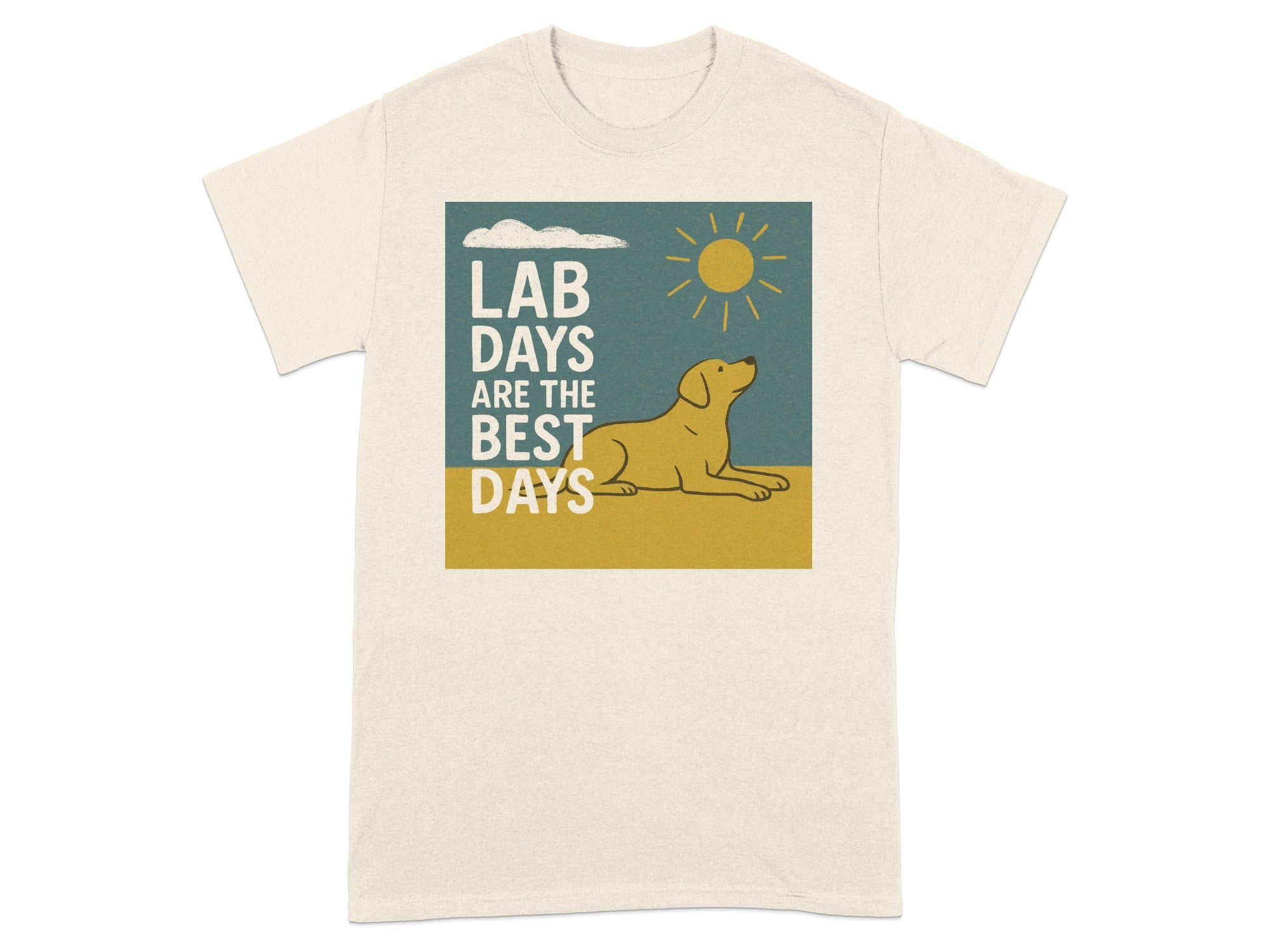 T-shirt with yellow lab, sun, clouds, and text "LAB DAYS ARE THE BEST DAYS".