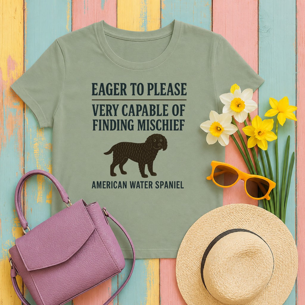 American Water Spaniel finding mischief tee flat lay