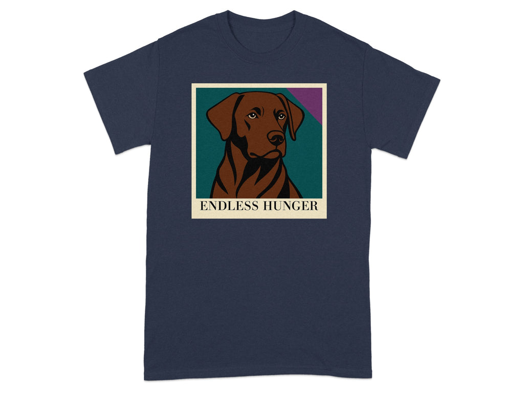 Navy t-shirt with a framed stylized portrait of a brown dog titled "ENDLESS HUNGER".