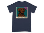Navy t-shirt with a framed stylized portrait of a brown dog titled "ENDLESS HUNGER".