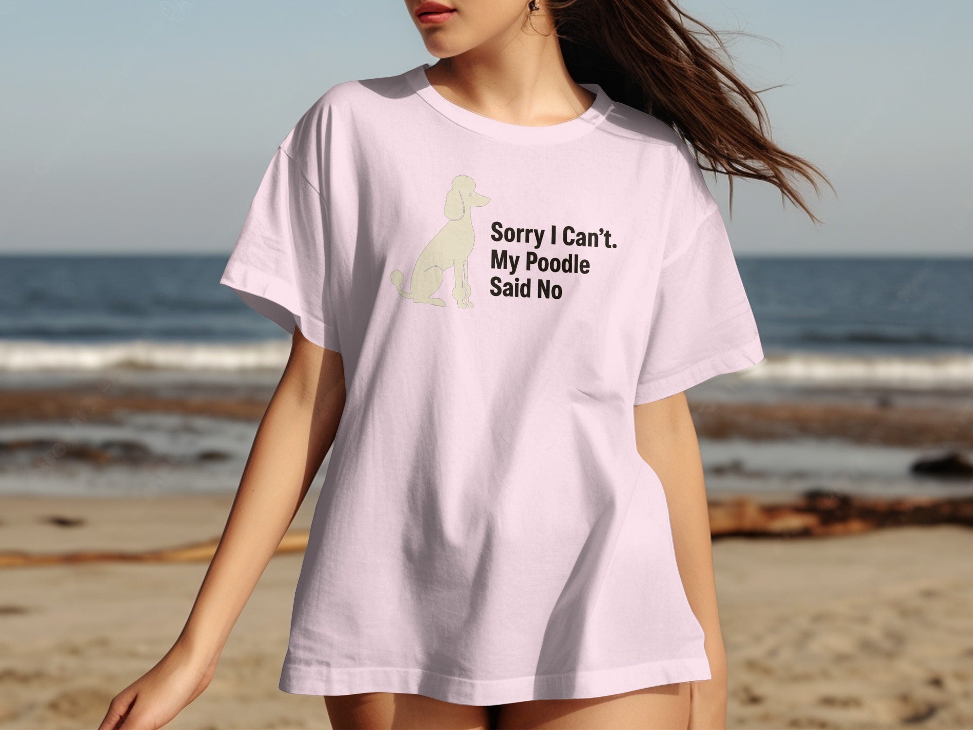 Light pink t-shirt with poodle graphic and text "Sorry I Can't. My Poodle Said No."