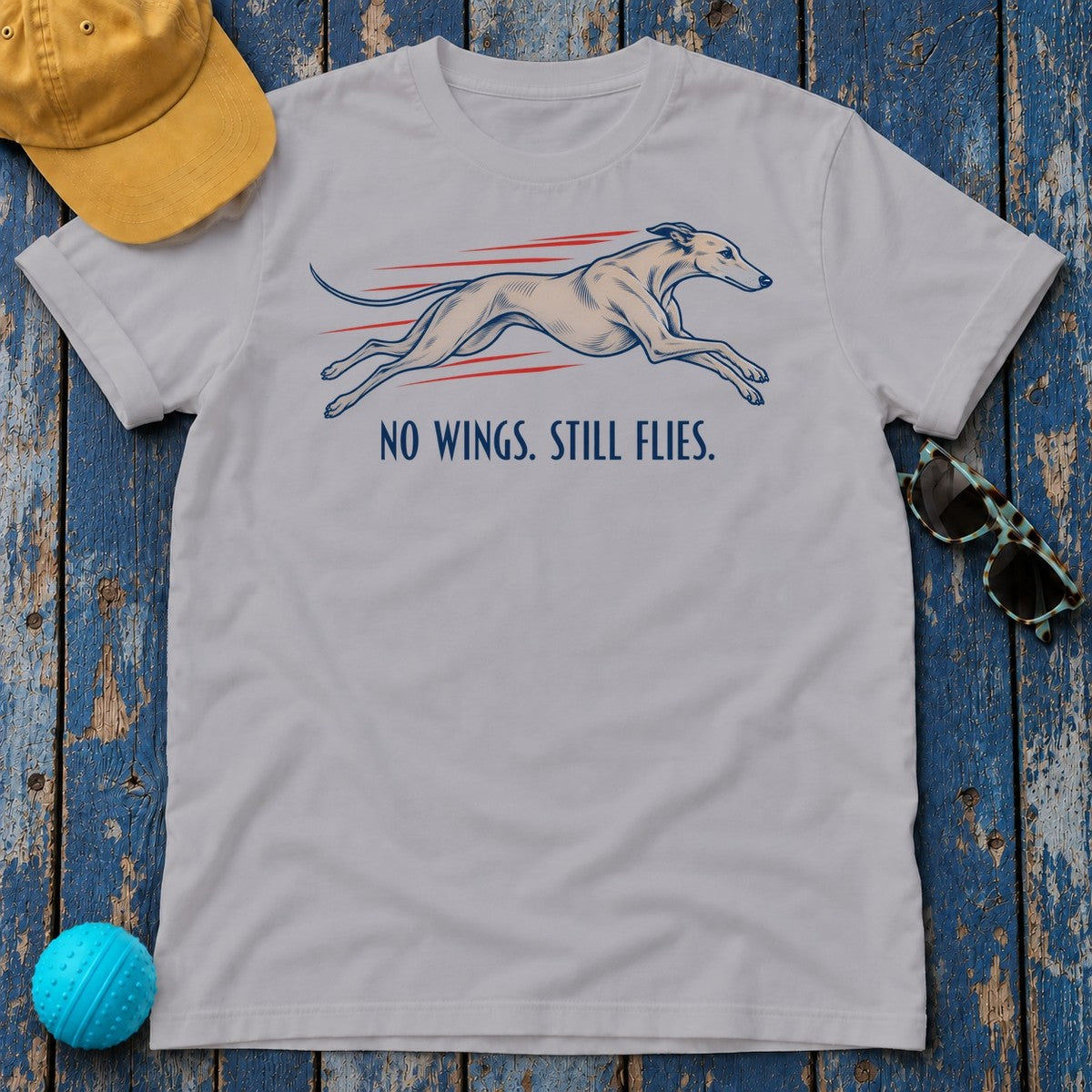 No Wings Still Flies Greyhound T-Shirt in Athletic Heather - flat lay