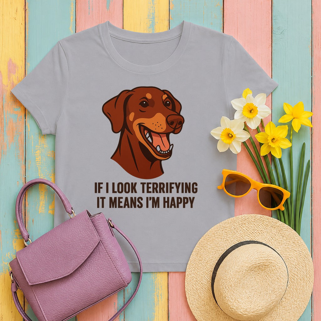 Doberman If I Look Terrifying It Means I'm Happy Tee in Athletic Heather