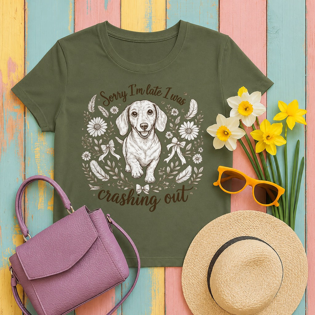 Whimsical Dachshund 'Crashing Out' T-Shirt in Military Green