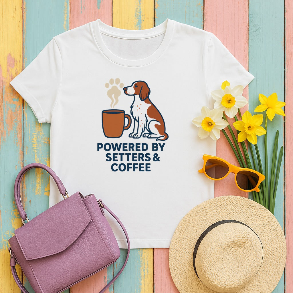 Irish Red and White Setter Powered by Setters and Coffee Tee in White