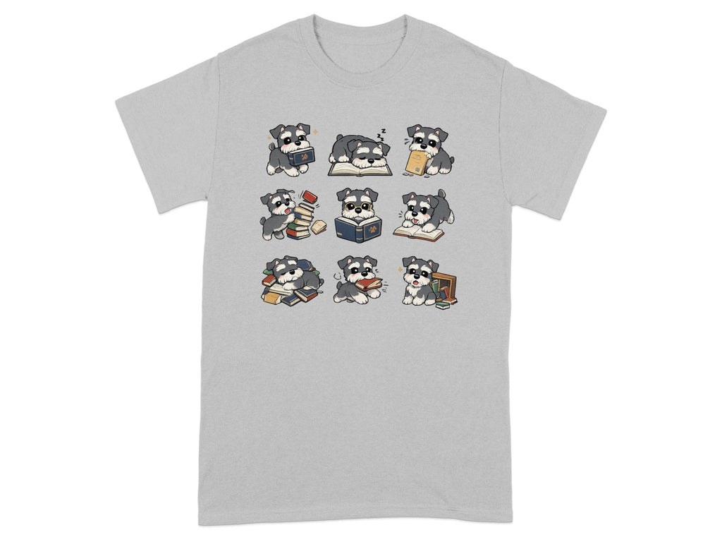 Cute schnauzer puppies reading books on a grey t-shirt.