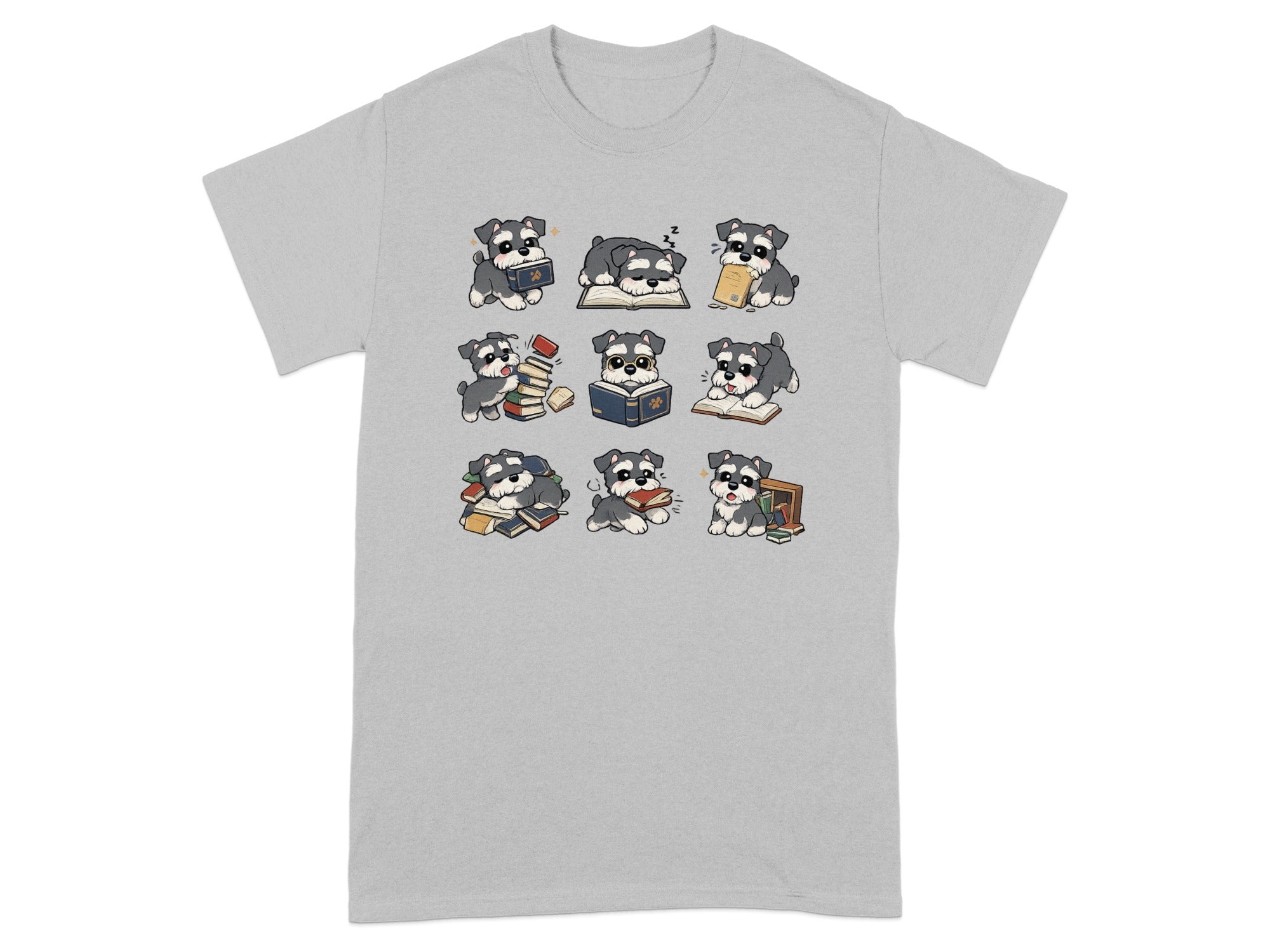 Cute schnauzer puppies reading books on a grey t-shirt.