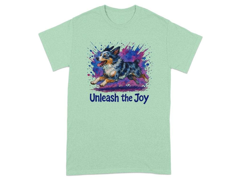 Light green t-shirt with watercolor dog art and "Unleash the Joy" text.
