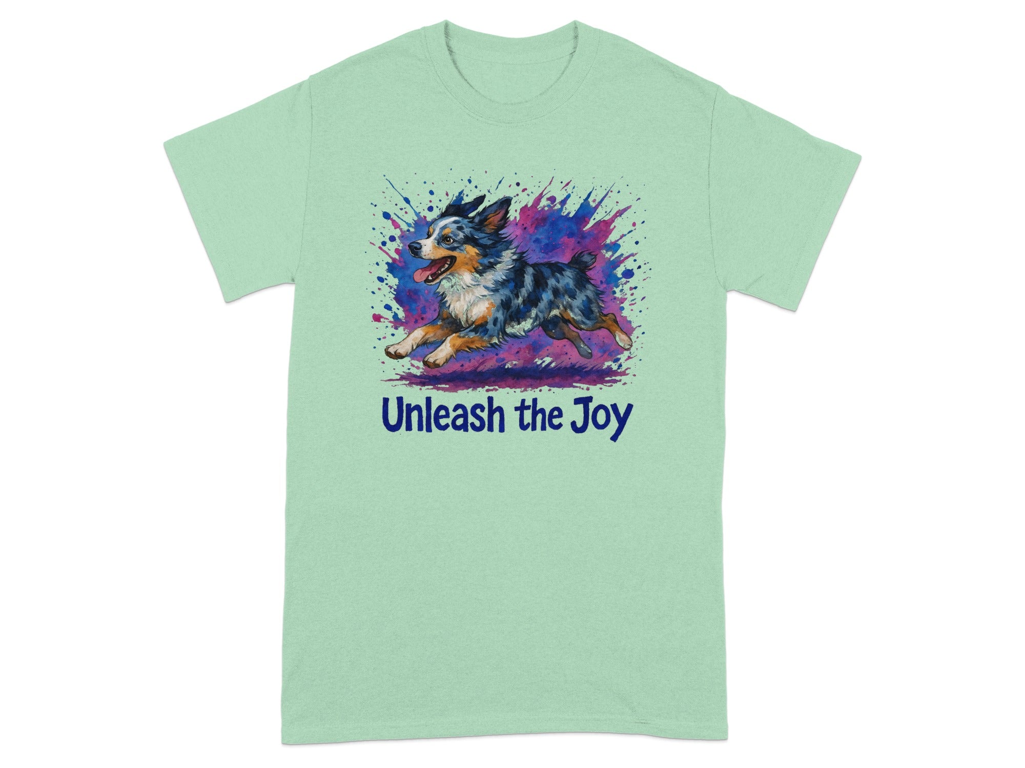 Light green t-shirt with watercolor dog art and "Unleash the Joy" text.