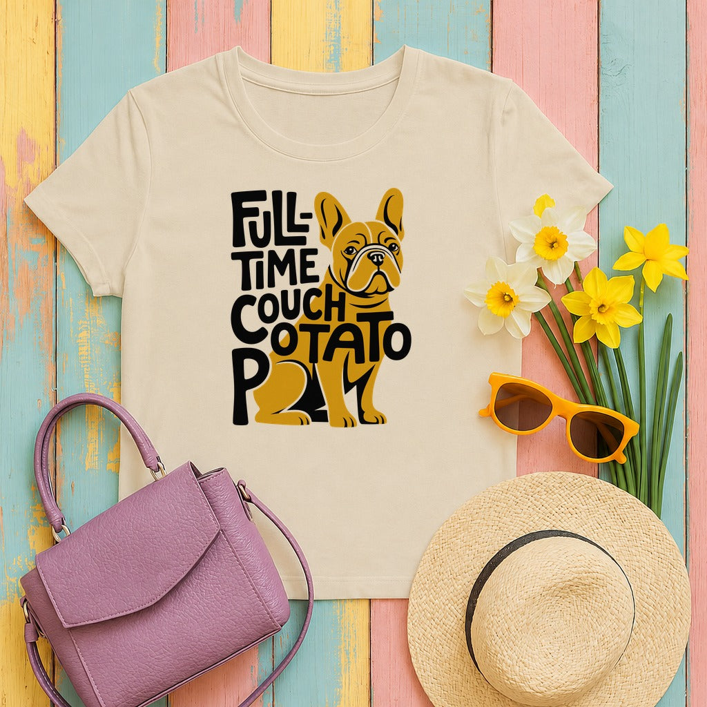 Frenchie Couch Potato Graphic T-shirt in Sand