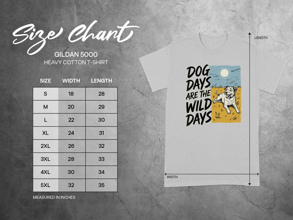 Gildan 5000 heavy cotton t-shirt size chart with dog graphic.