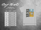 Gildan 5000 heavy cotton t-shirt size chart with dog graphic.