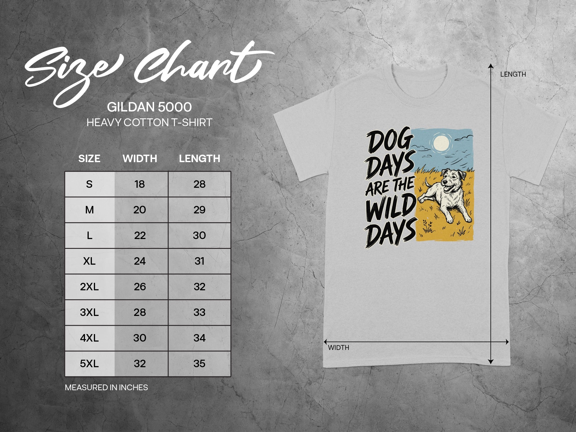 Gildan 5000 heavy cotton t-shirt size chart with dog graphic.