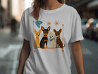 White t-shirt with graphic of four cartoon dogs sitting on a shelf.