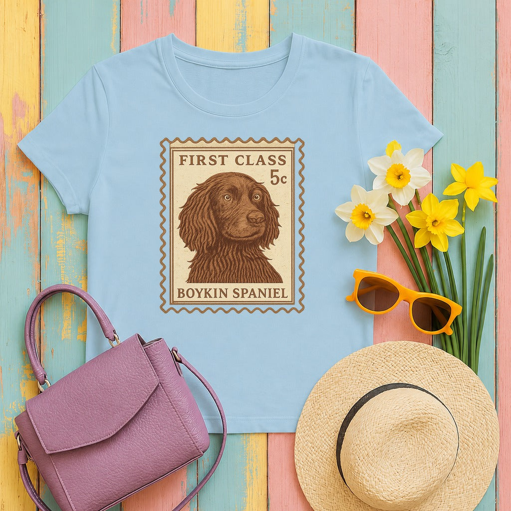 Boykin Spaniel First Class Stamp T-shirt in Light Blue