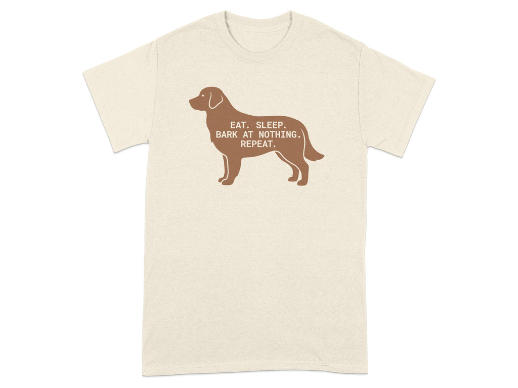 T-shirt with a dog silhouette and text "EAT. SLEEP. BARK AT NOTHING. REPEAT."