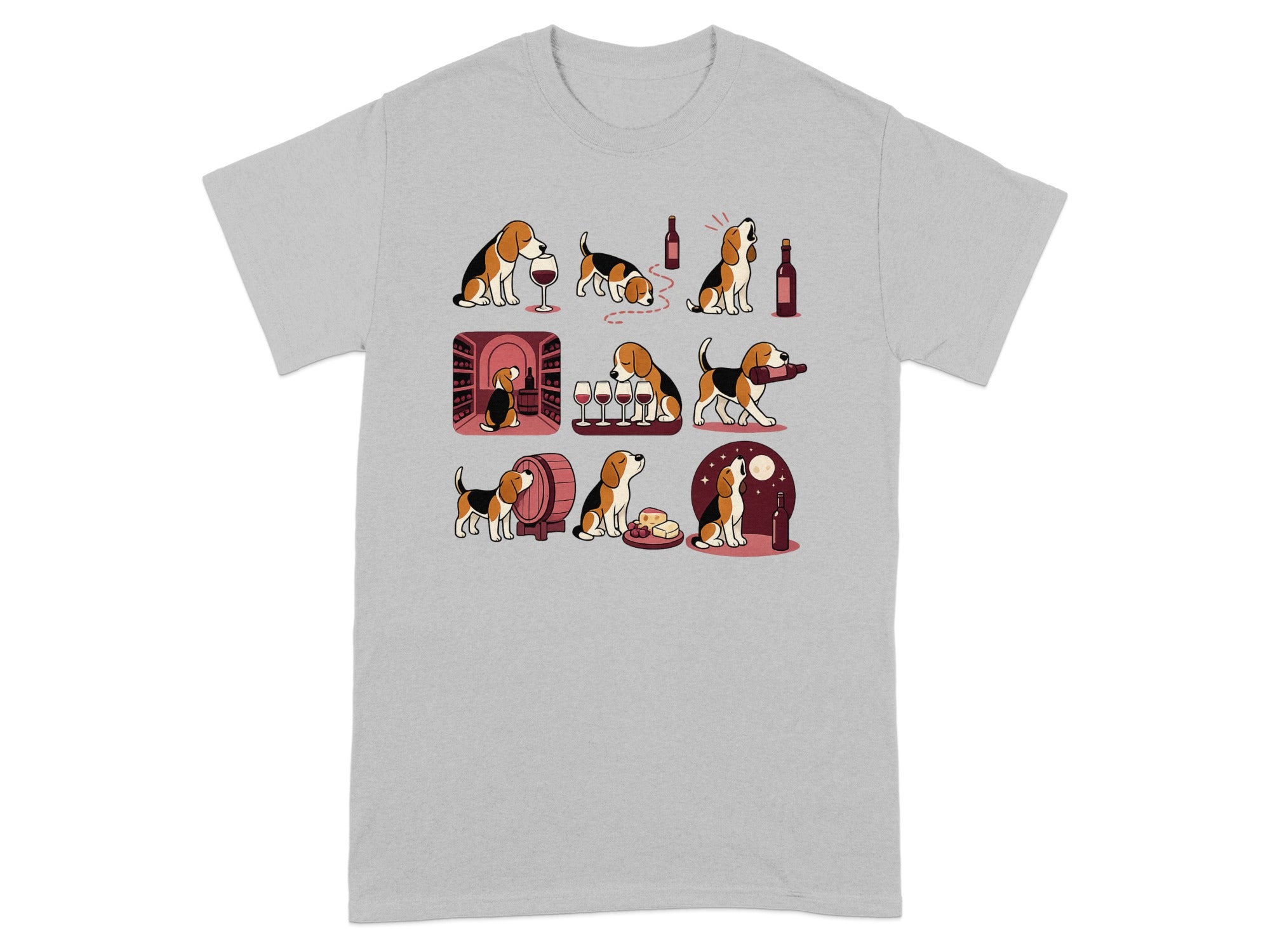 Nine cartoon beagles interact with wine bottles, glasses, and a barrel.