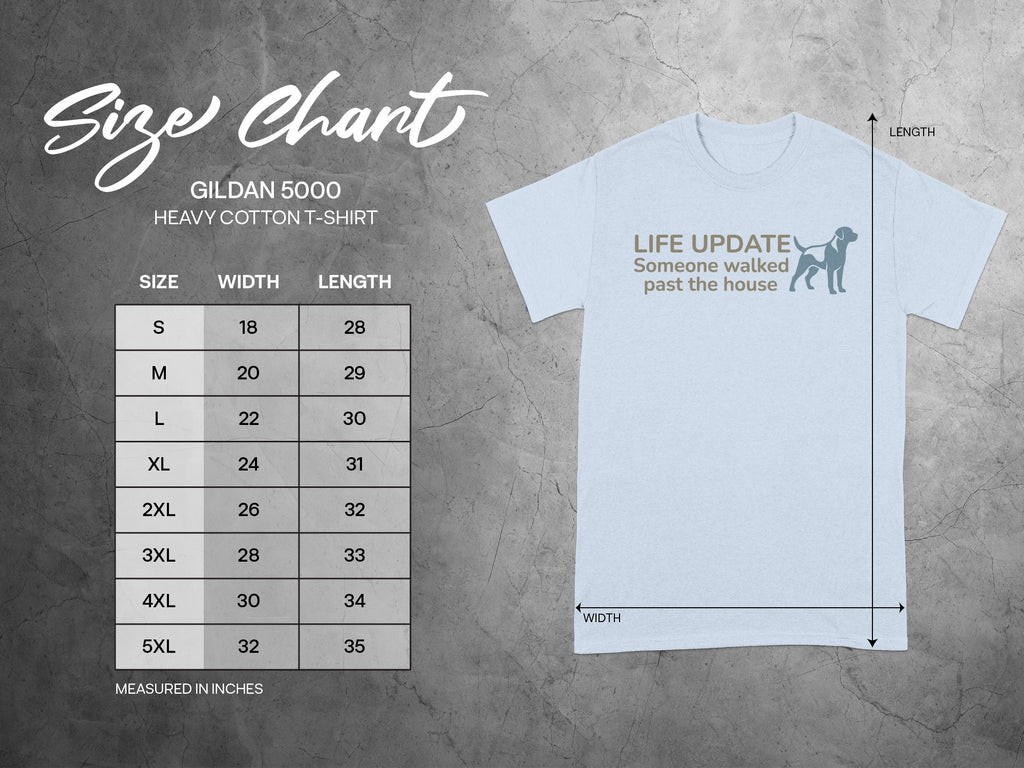 Gildan 5000 t-shirt size chart with "Life Update" graphic.